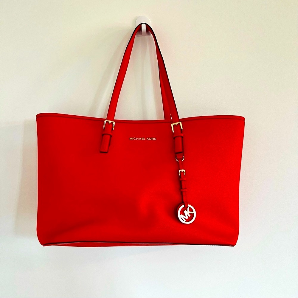 🧡Michael Kors Travel Jet Set Large Saffiano Leather Tote Persimmon/Orange👜